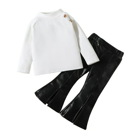 

Lovskoo Toddler Baby Girl Two Piece Outfits Round Neck Long Sleeve Button Up Top + Flared Slit Leather Pants Suit for 18 Months - 5 Years Old Black
