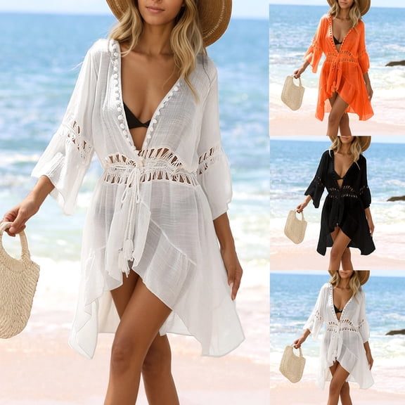 Womens Bathing Suit Cover Up Deep V Neck Knitted Beach Cover Up Dress Crochet Lace Waist Tie Summer Swimwear Outerwear White M