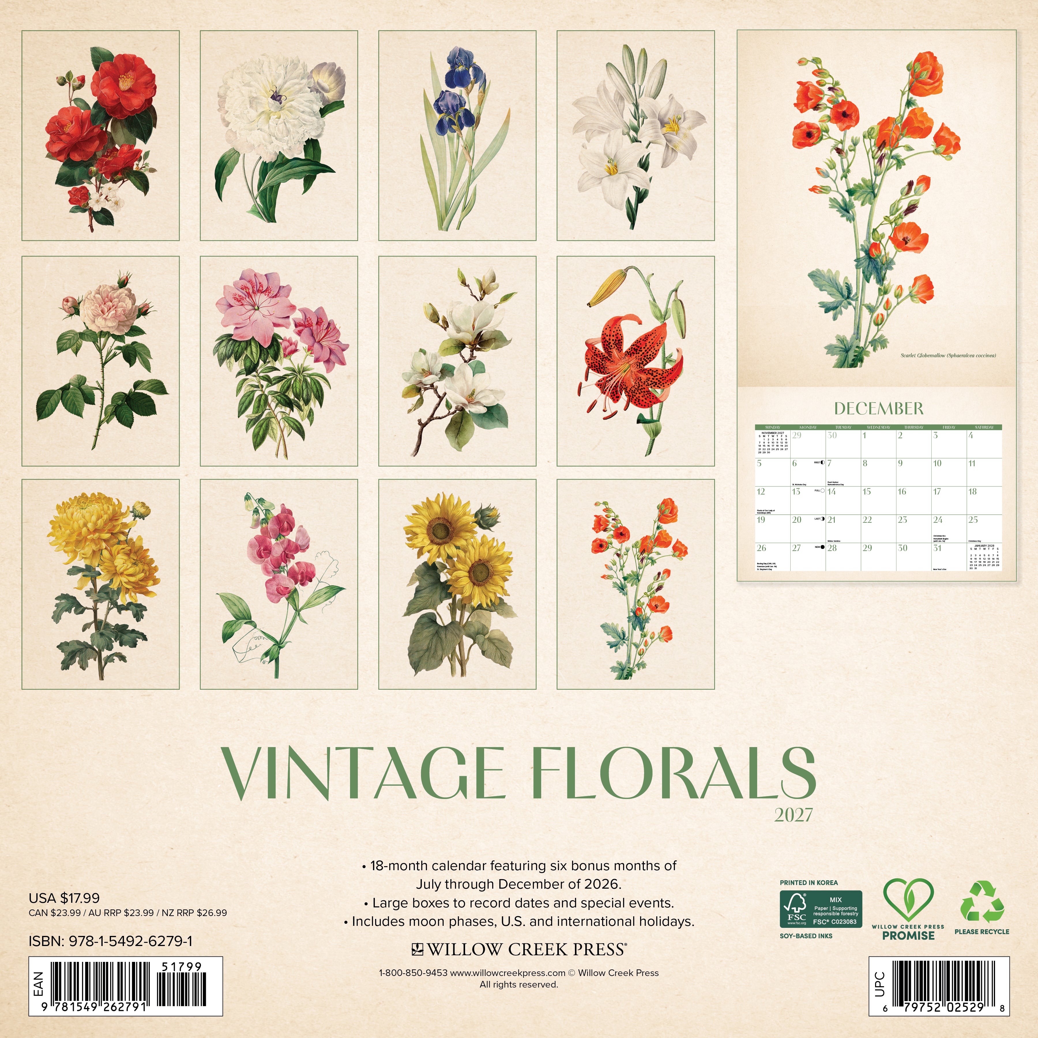Willow Creek Press, Vintage Florals 2027 Wall Calendar