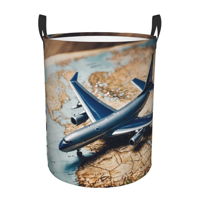 Fotbe Airplane World Map Adventure Cesto de Ropa con Asas, Cesto Impermeable de Gran Capacidad, Bolsa de Lavado para Dormitorio, Cesto de Ropa con Ruedas y Asas-Medium