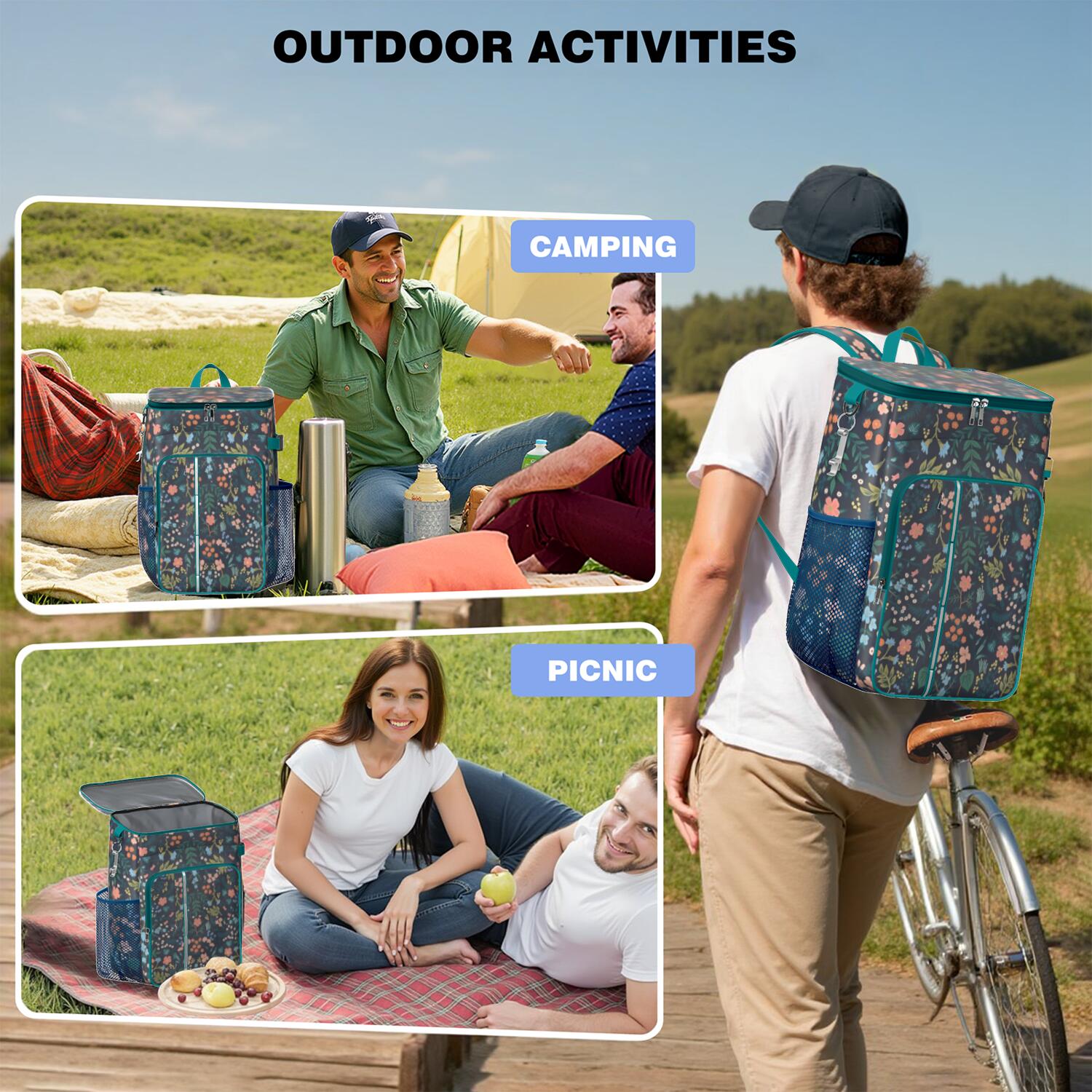 Travel Cooler Bag - Pioneer Flower Floral Print Pattern Camping Beer Cooler Backpack with Bottle Opener- Waterproof Insulated Picnic Backpacks - Cooler Bag for Beach