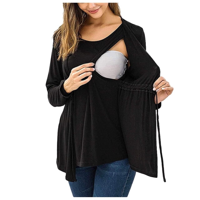 UMfun - Camiseta de maternidad para mujer, de manga larga y doble capa, para lactancia materna