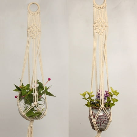 Macrame Plant Hanger Indoor Outdoor Hand Knit Hanging Suspend Planter Basket Net Cotton Rope Size:L