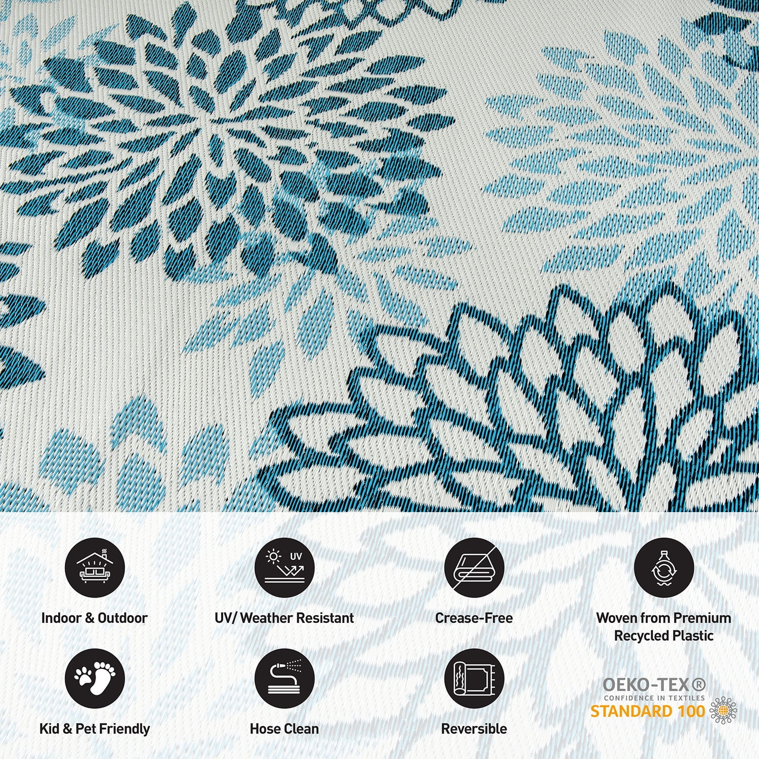 World Rug Gallery Modern Floral Aloha Reversible Recycled Plastic Outdoor Picnic Mat, Camping Rug, RV Rug - BLUE 5'x7'
