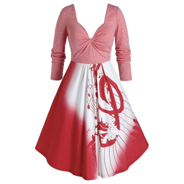 Tamaño más Giro de las notas musicales de vestir de manga larga Rosegal Vestidos casuales de talla grande