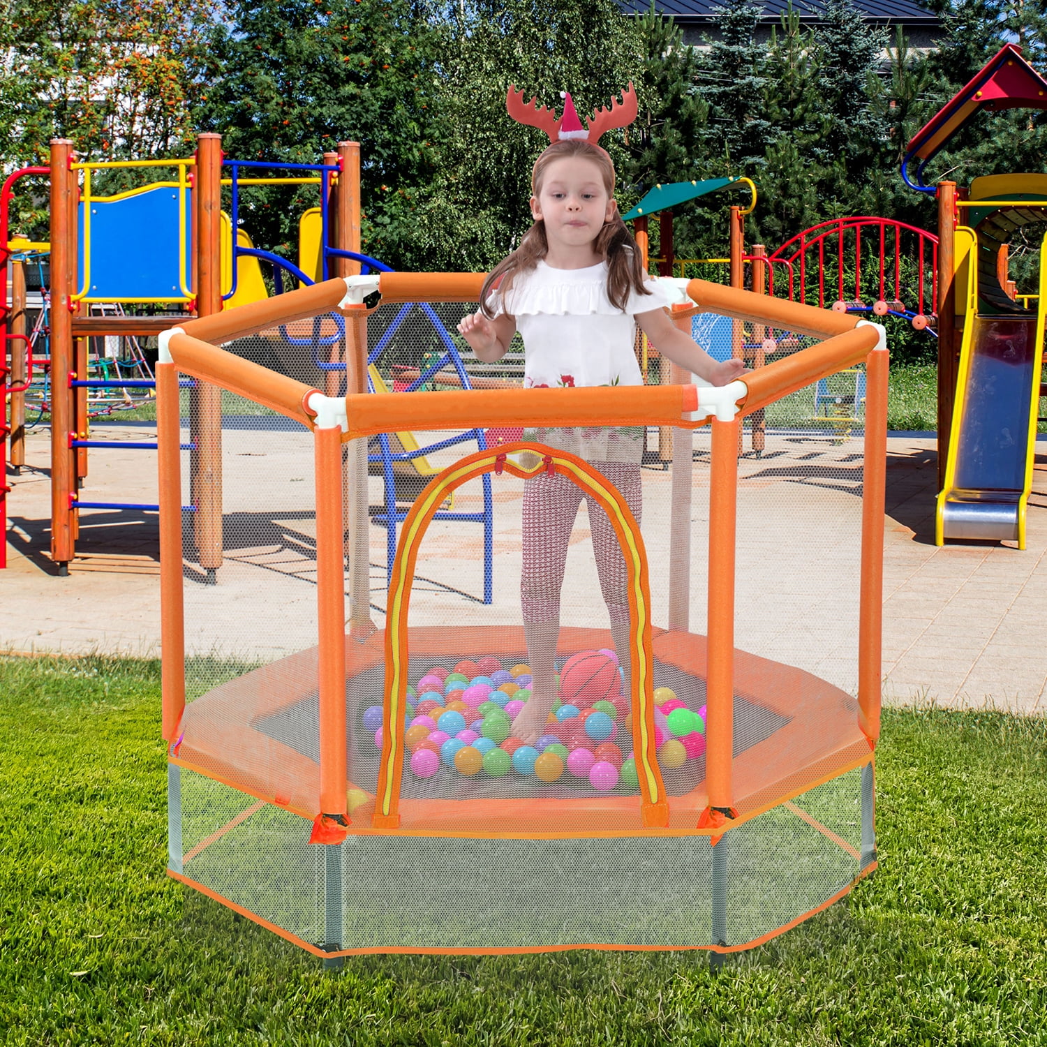 Kadyn 55" Toddlers Trampoline, Vinyl Jumping Trampoline with Safety Enclosure Net and Balls, Indoor Outdoor Mini Trampoline for Kids, Orange Kadyn 55" Toddlers Trampoline, Vinyl Jumping Trampoline with Safety Enclosure Net and Balls, Indoor Outdoor Mini Trampoline for Kids, Orange