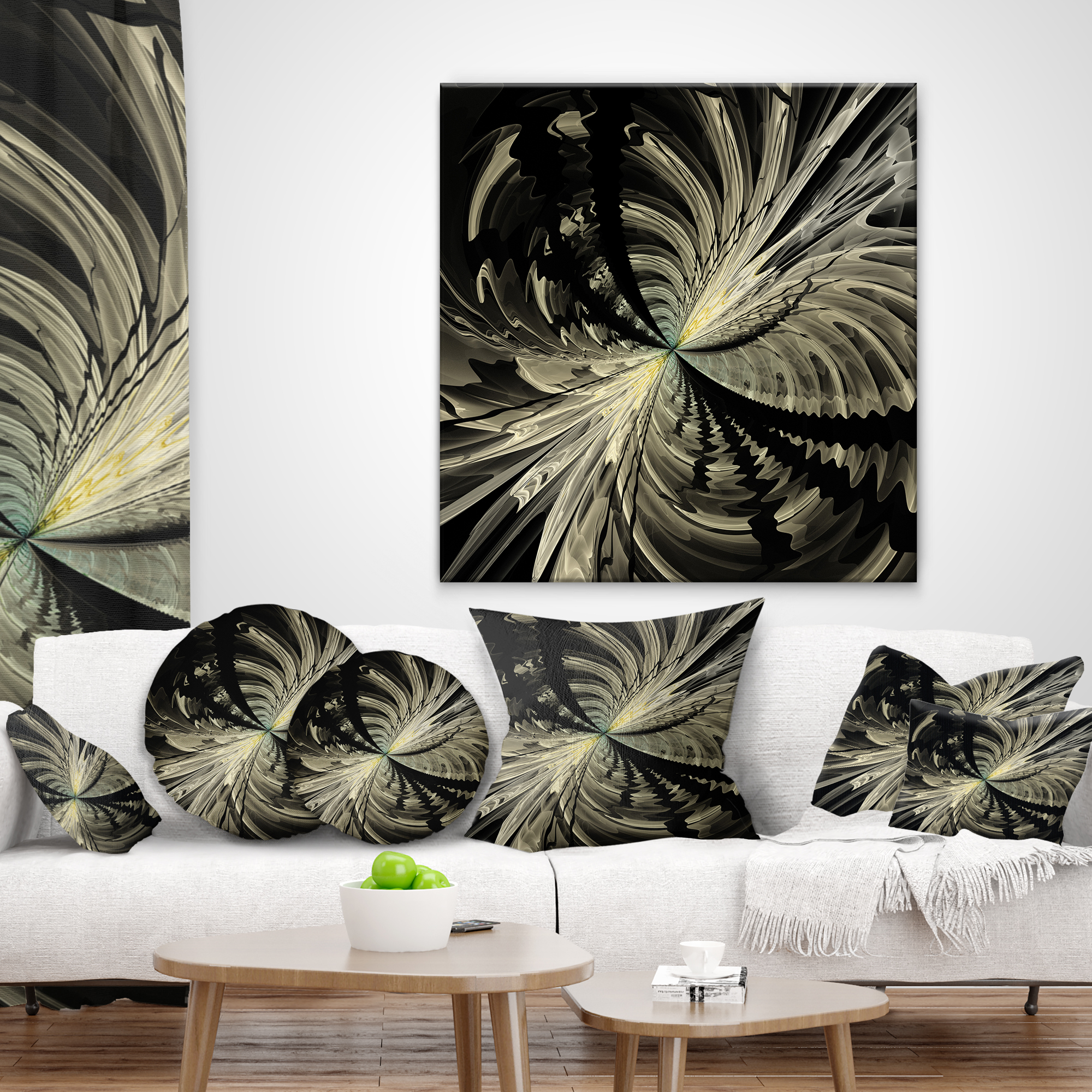 Designart 12" x 20" Contemporary and Modern Black Fractal and Flower Polyester Throw Pillow