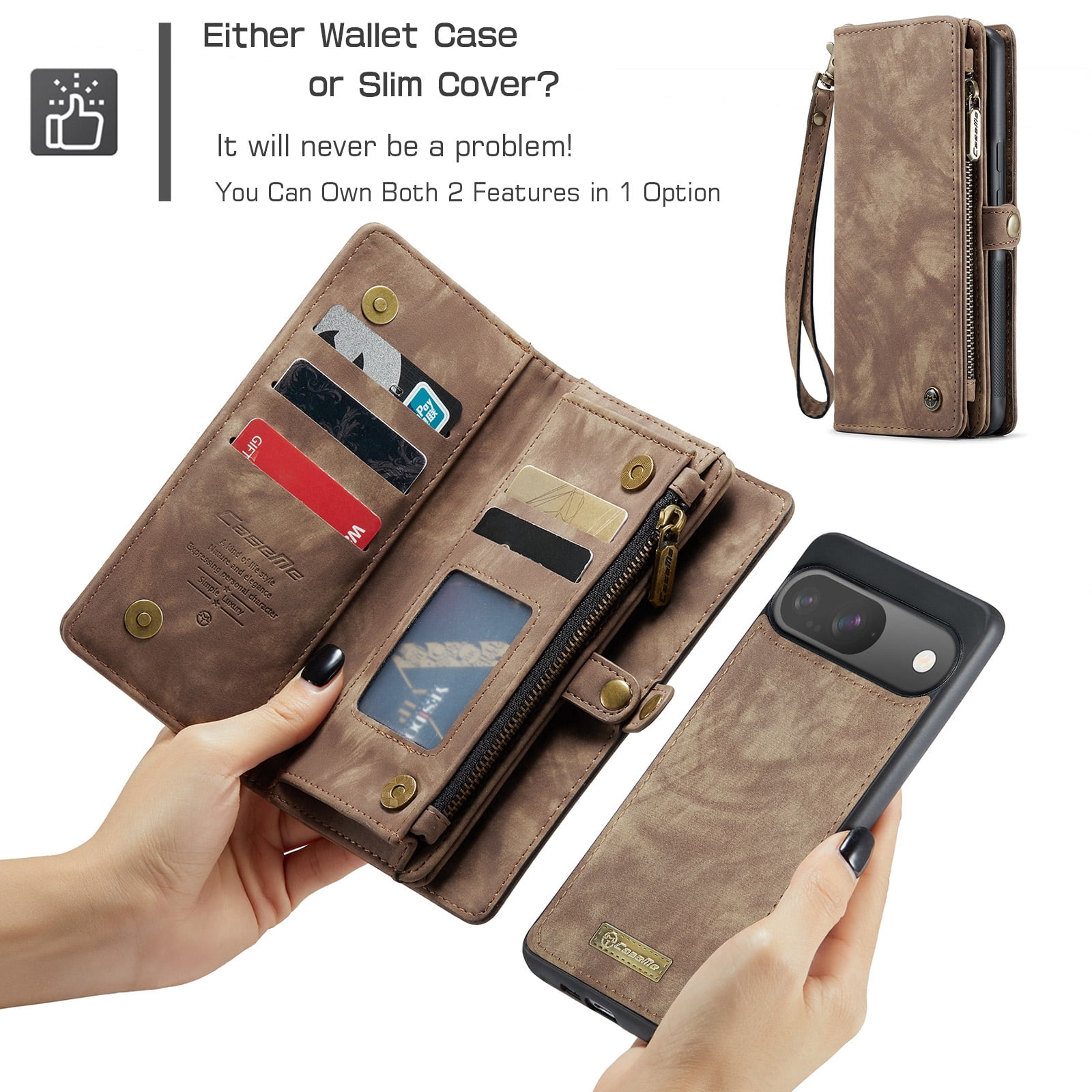Feishell Durable 2- In-1 Magnetic Detachable Wallet Case for iPhone 16,for Women Men,Premium PU Leather Zipper Pocket Flip Multi Card Slots Purse Phone Case with Wrist Strap,Darkbrown