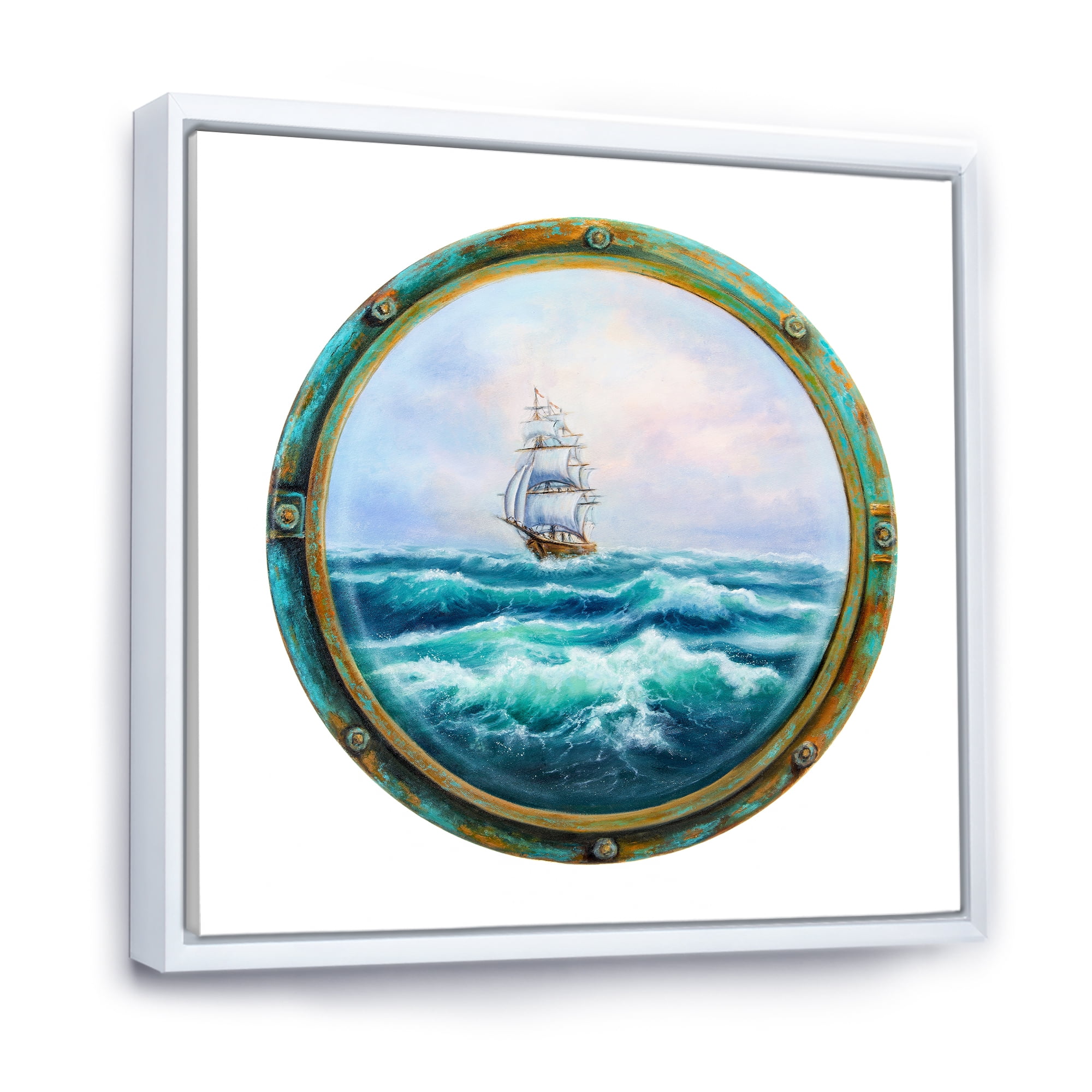 Designart 'Ship In Stormy Ocean Through Cabin Window' Nautical & Coastal Framed Canvas Wall Art Print