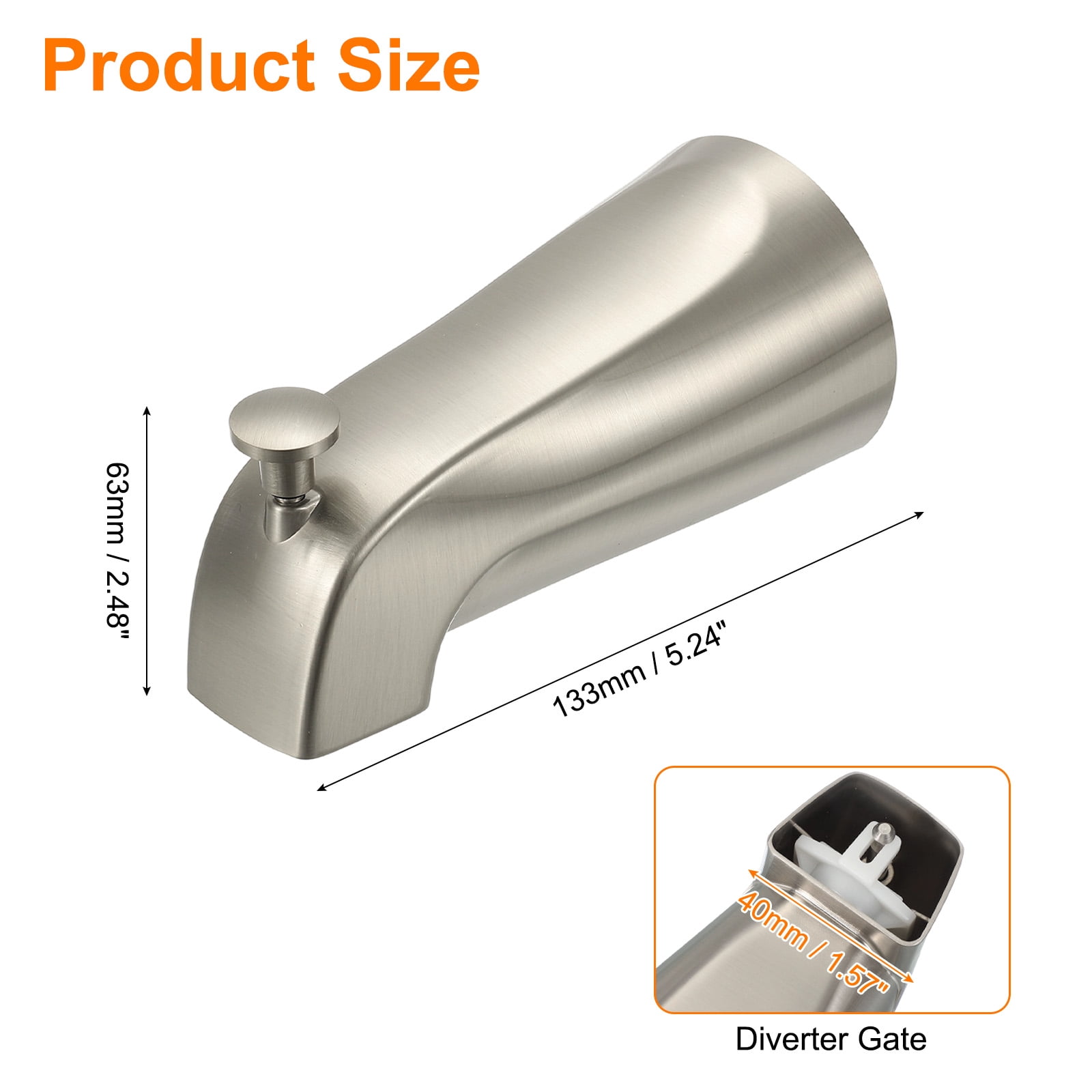 Uxcell Slip on Diverter Tub Spout, Zinc Alloy Bath Spout Bathtub Faucet with Pull-Up Diverter Plastic Reducer Joint for 1/2 Inch Water Tub for Bathroom Kitchen, Brushed Nickel