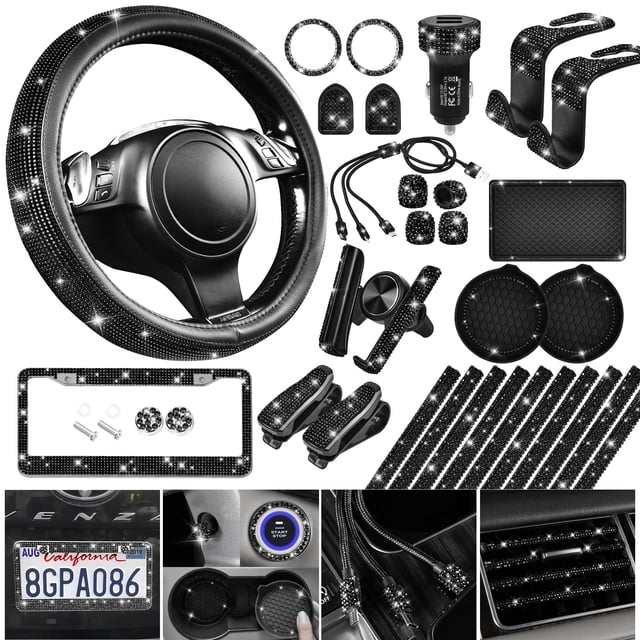 set de accesorios de coche CAR PASS Bling, 30 unidades, para mujer — accesorios interiores y decoración para auto: funda de volante con efecto diamante brillante, funda de cinturón, marco de placa decorativo, cargador USB dual, cable 3 en 1 (tipo C/micro/Lightning), dos posavasos de silicona con patrón de diamante, dos ganchos para respaldo, dos soportes para lentes, cuatro tapas de válvulas, dos anillos para botón de arranque, dos ganchos pequeños, almohadilla de goma antideslizante para tablero y diez molduras para salidas de ventilación; plano frontal y detalles que muestran la textura brillante; también apropiado para personalizar accesorios de viaje dentro del vehículo.