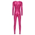 thumbnail image 4 of Mufeng Women's Shiny Metallic Long Sleeve Bodycon Jumpsuit Glossy Sparkly Full Bodysuit Unitard Hot Pink M, 4 of 7