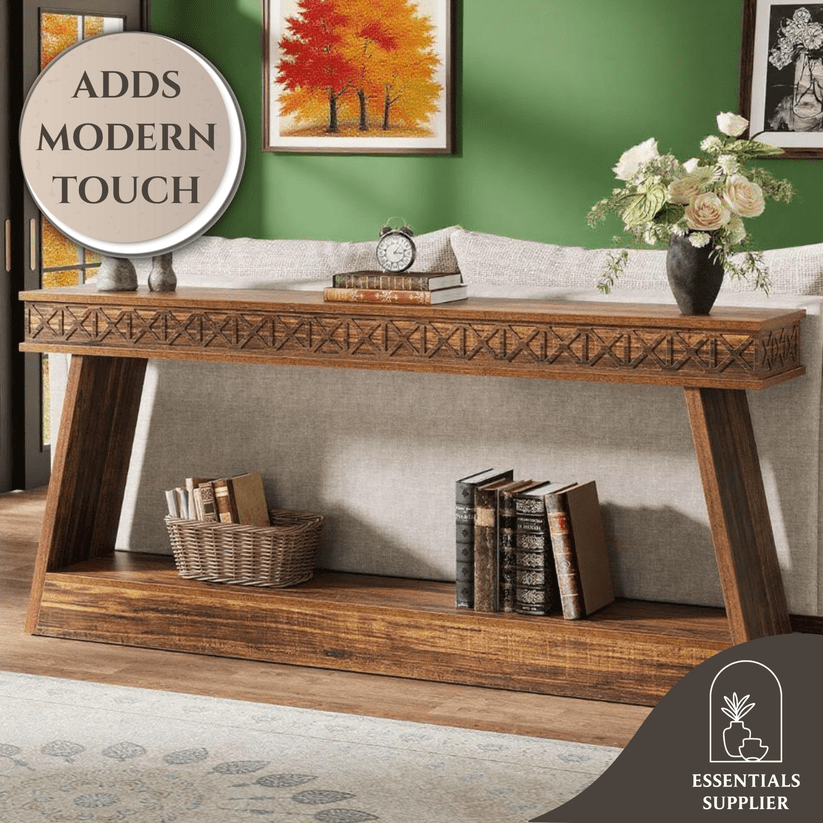 Dark Brown 2-Tier Long Console Table – Rustic Farmhouse Entryway & Sofa Display