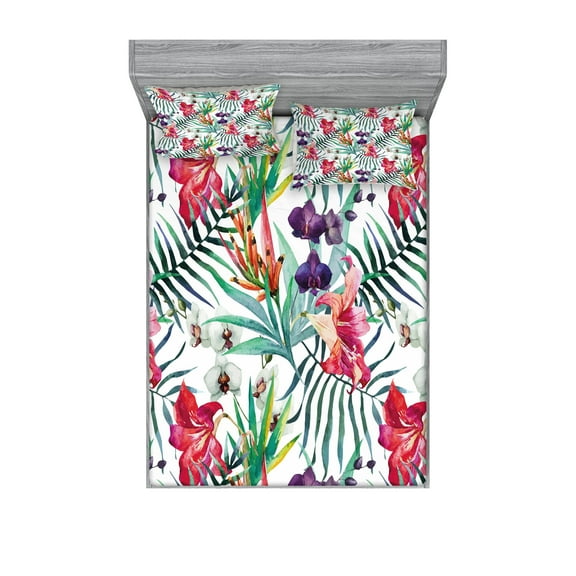 Ambesonne Floral Fitted Sheet & Pillow Sham Set, Watercolor Art Tropical, Full, Multicolor
