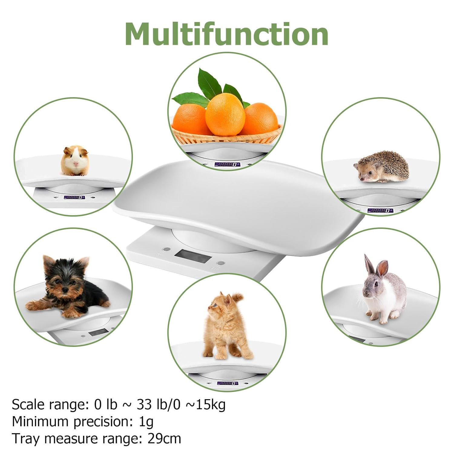 KABB Multifunction Digital Display Plastic Digital Baby Scale for Small Animals with Tape Measure, 33 lb Capacity, White