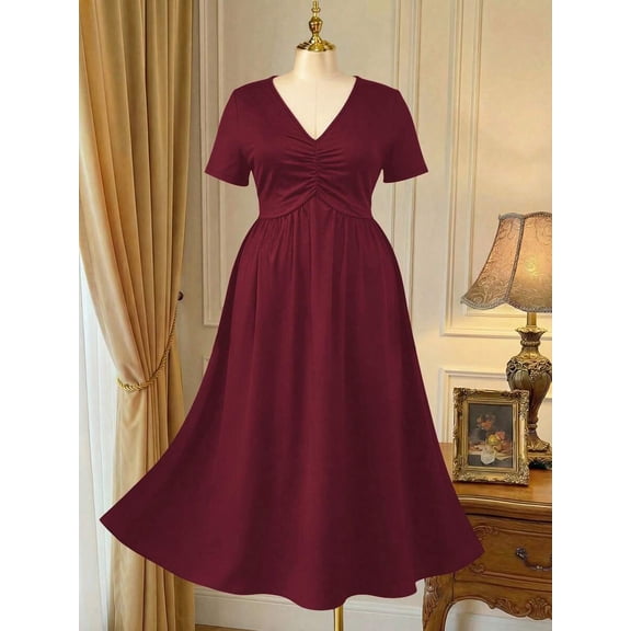 Burgundy Elegant Casual V-Neck Ruched Short Sleeve Knit Plus Size Women Dress Summer A-Line Maxi Dress