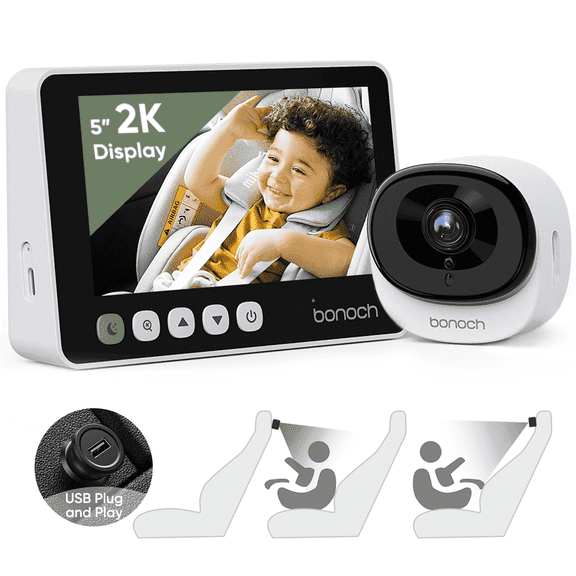 bonoch 5" 2K Baby Car Camera, 1440P Rear-Facing Baby Car Monitor with 360° Wide View, Night Vision, USB Powered