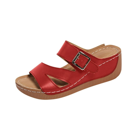 HBGVBA Womens Summer Slippers Solid Color Open Toe One Strap Metal Buckle On Thick Sole Wedge Heel Summer Shoes 36