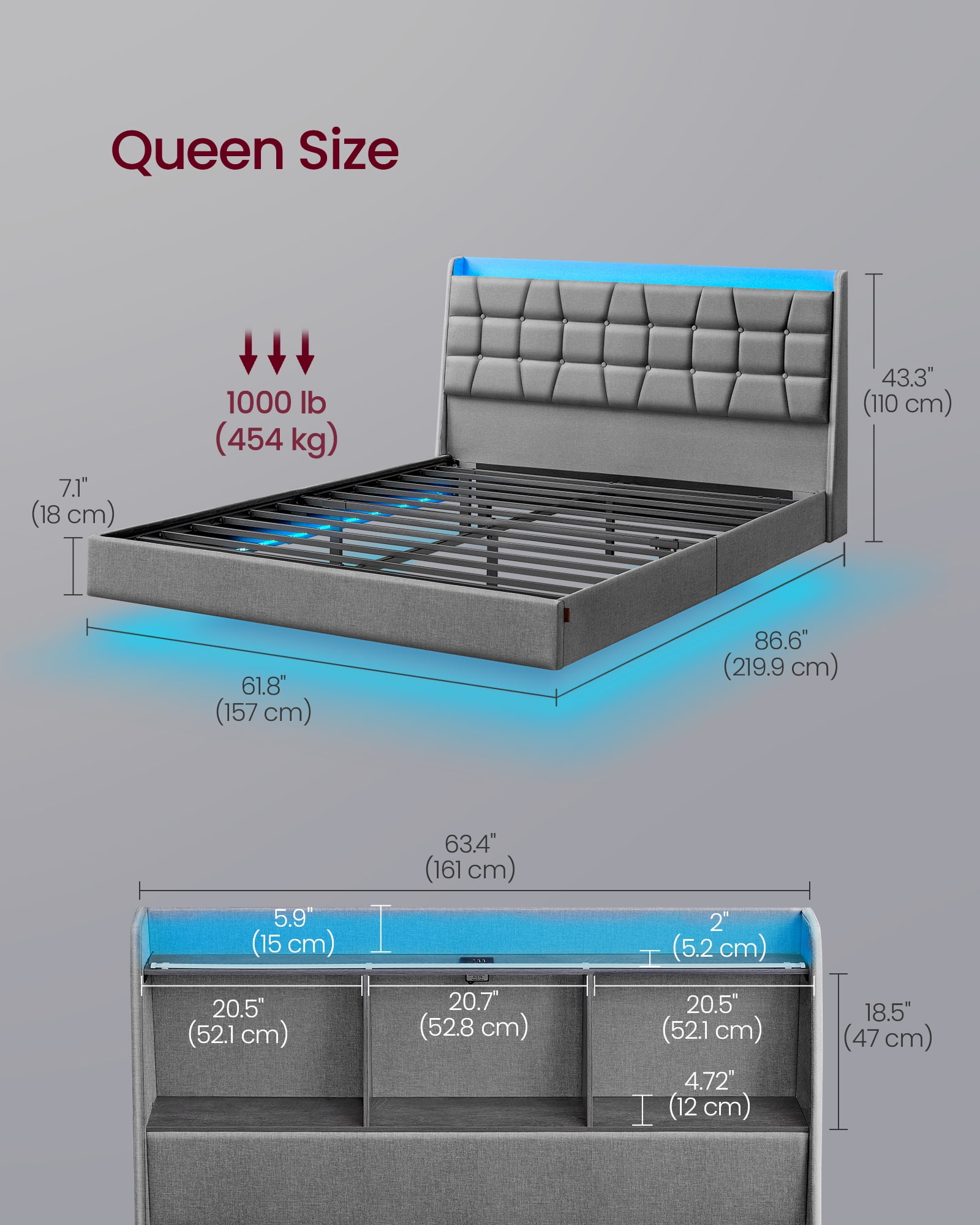 Queen Size Floating Bed Frame with LED Lights,Charging Station, Tufted Storage Headboard, Upholstered Platform, No Box Spring Needed