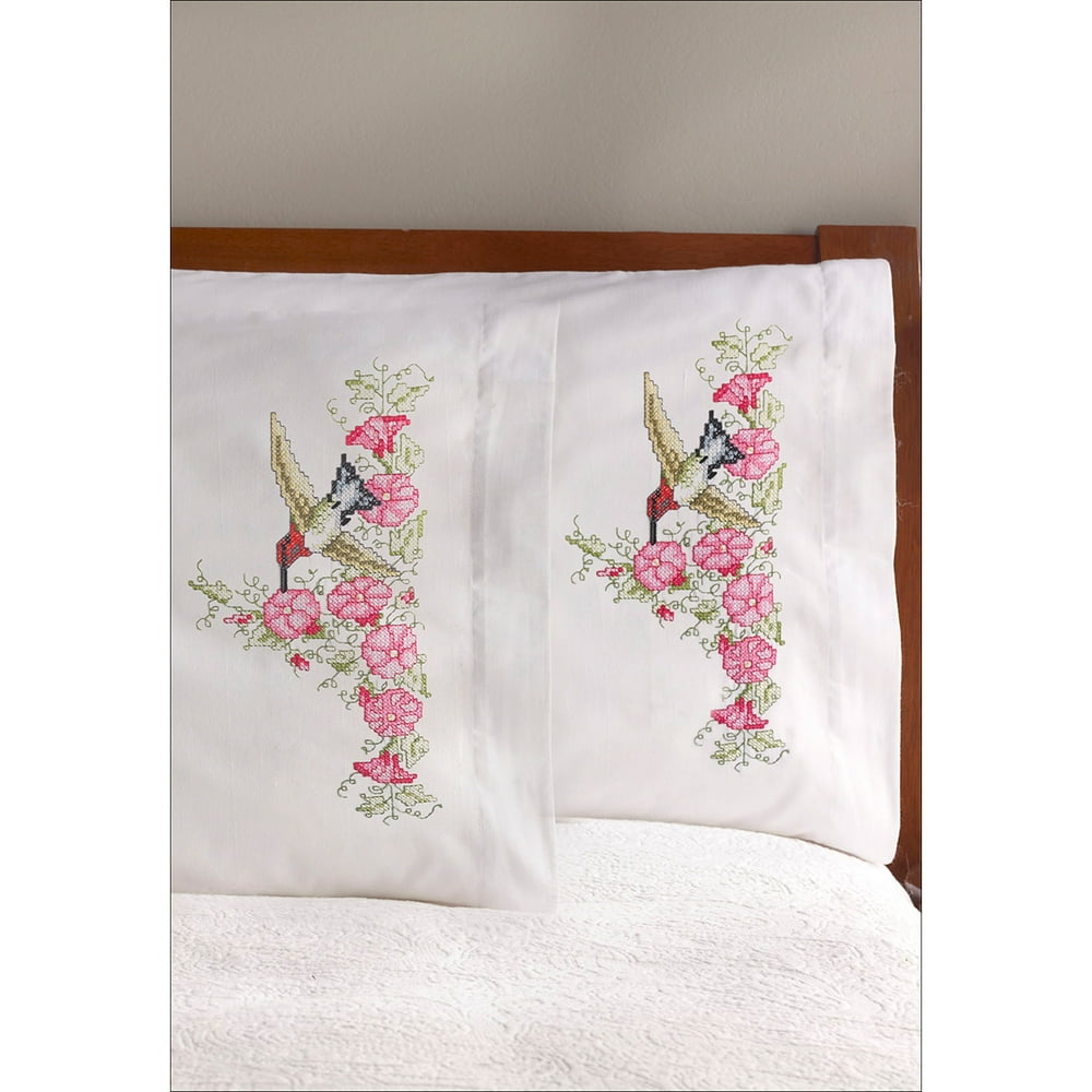 Bucilla Stamped Embroidery Pillowcase Pair 20"X30"Hummingbird Floral