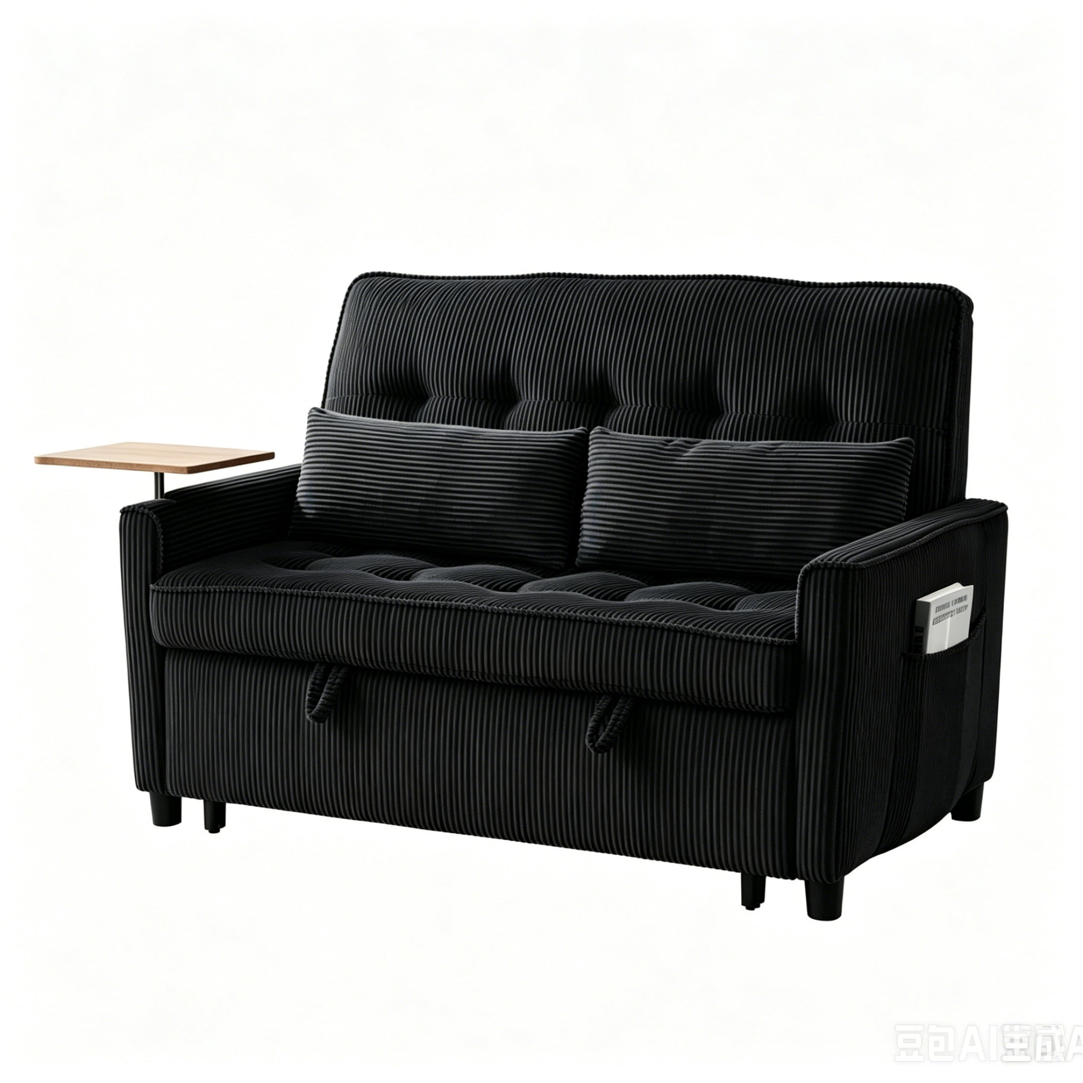 Vinform 3 in 1 Convertible Sleeper Sofa Bed, 55" Corduroy Pull Out Loveseat with Arm Table for Small Space, Black