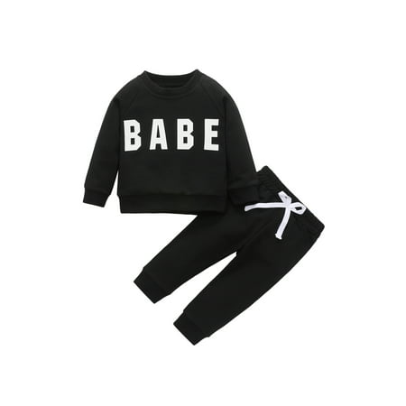 

Canrulo Autumn Infant Baby Girls Boys Clothes BABE Letter Printed Pullover Sweatshirt Tops Pants Set Black 2-3 Years