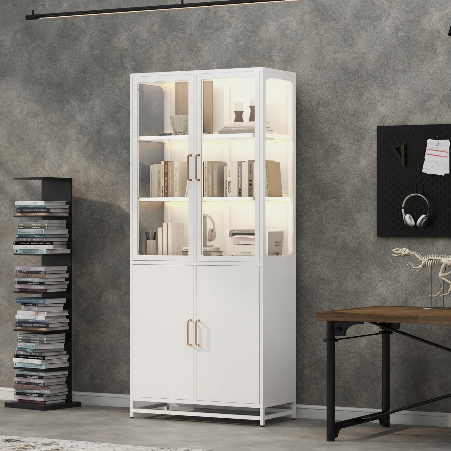 76.75" Tall Glass Display Cabinet with LED Lights, Steel Curio Cabinet with 3-Sided Glass, Double Door Storage Cabinet for Kitchen Living Room Office Pantry Home Decor, White