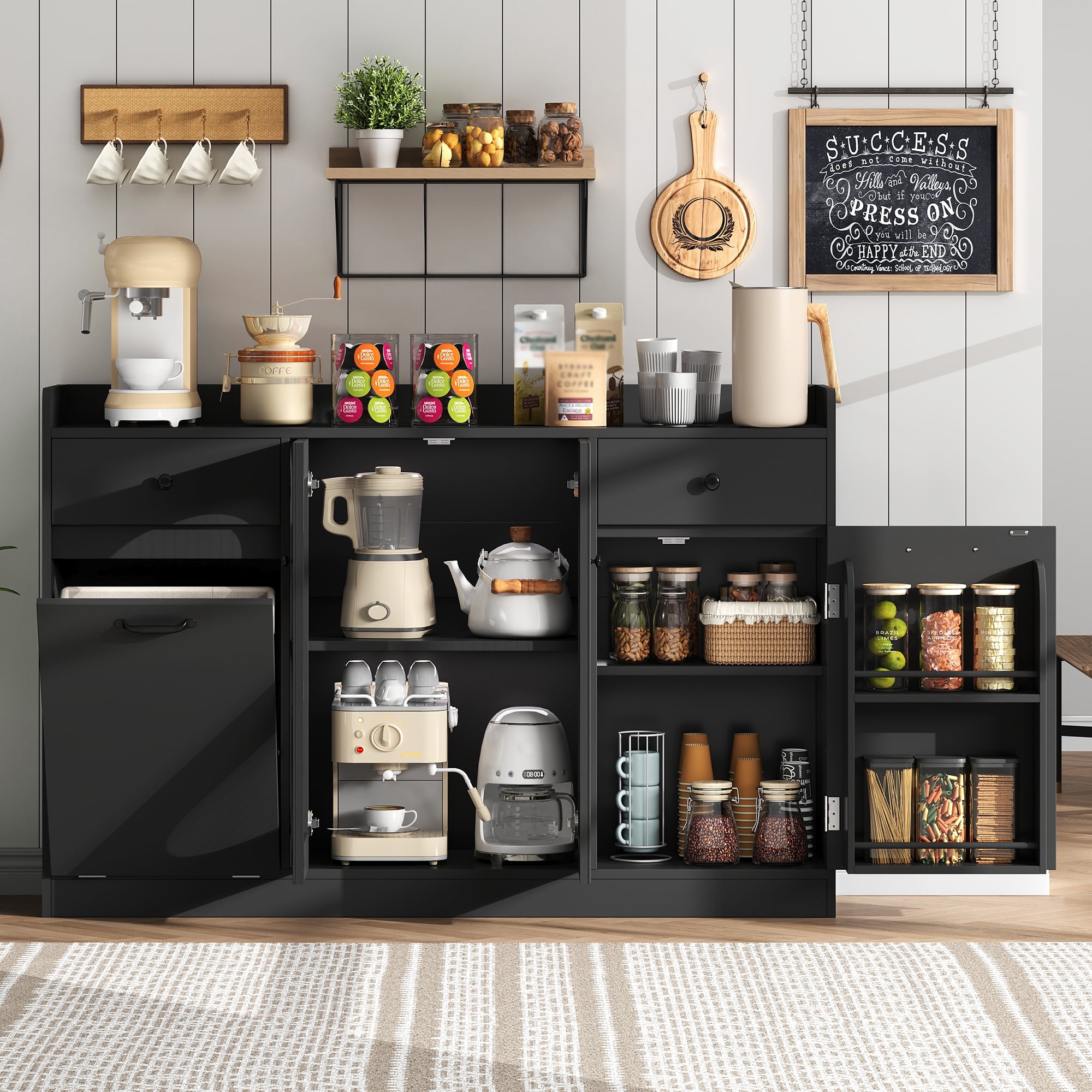 54'' Large Kitchen Island With Tilt Out Trash Can Cabinet And Adjustable Shelves, Kitchen Furniture With Led Light And 2 Drawers