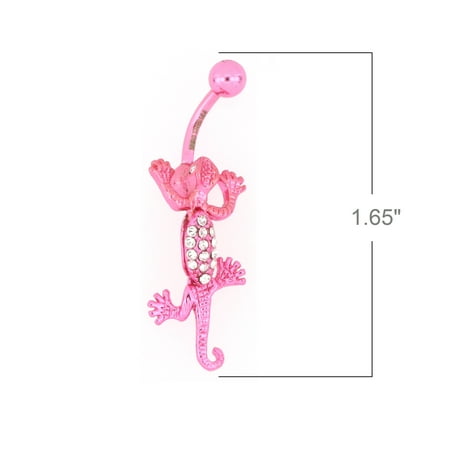 - American Steel Stainless Steel Crystal Lizard Belly Button Ring 014 Gauge with Pink IP-Plated Jeweled Dangling