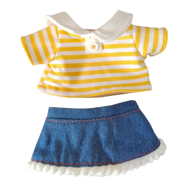 Camiseta de Muñeca de Moda + Falda , Accesorio de Disfraz, Traje de Juego de Simulación, Colgante de 20cm para Muñeca de Algodón, Muñeca de Niñ raya amarilla