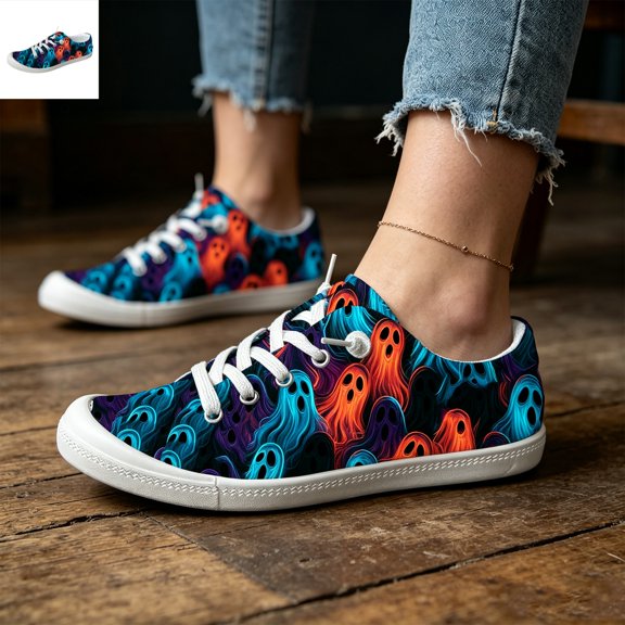 Willtoo Women's Halloween Ghost Pumpkin Print Canvas Sneakers, Lace Up Low Top Casual Shoes, Lightweight Non-Slip Flat Sole Holiday Walking Shoes