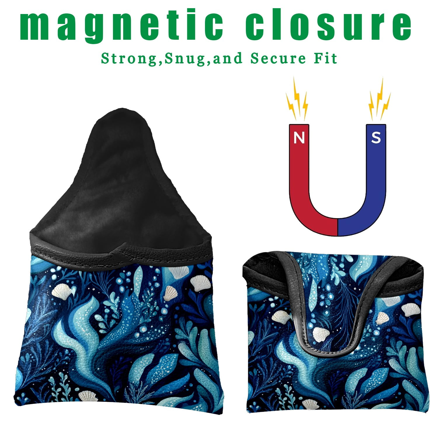 Golf Mallet Putter Cover Premium Leather Waterproof Golf Putter Head Cover with Magnetic Closure Sea Waves And Shells