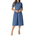thumbnail image 2 of INSPIRE CHIC Women's Denim Dress Short Sleeves Turndown Collar A-Line Button Up Jean Midi Dresses XS Blue, 2 of 6