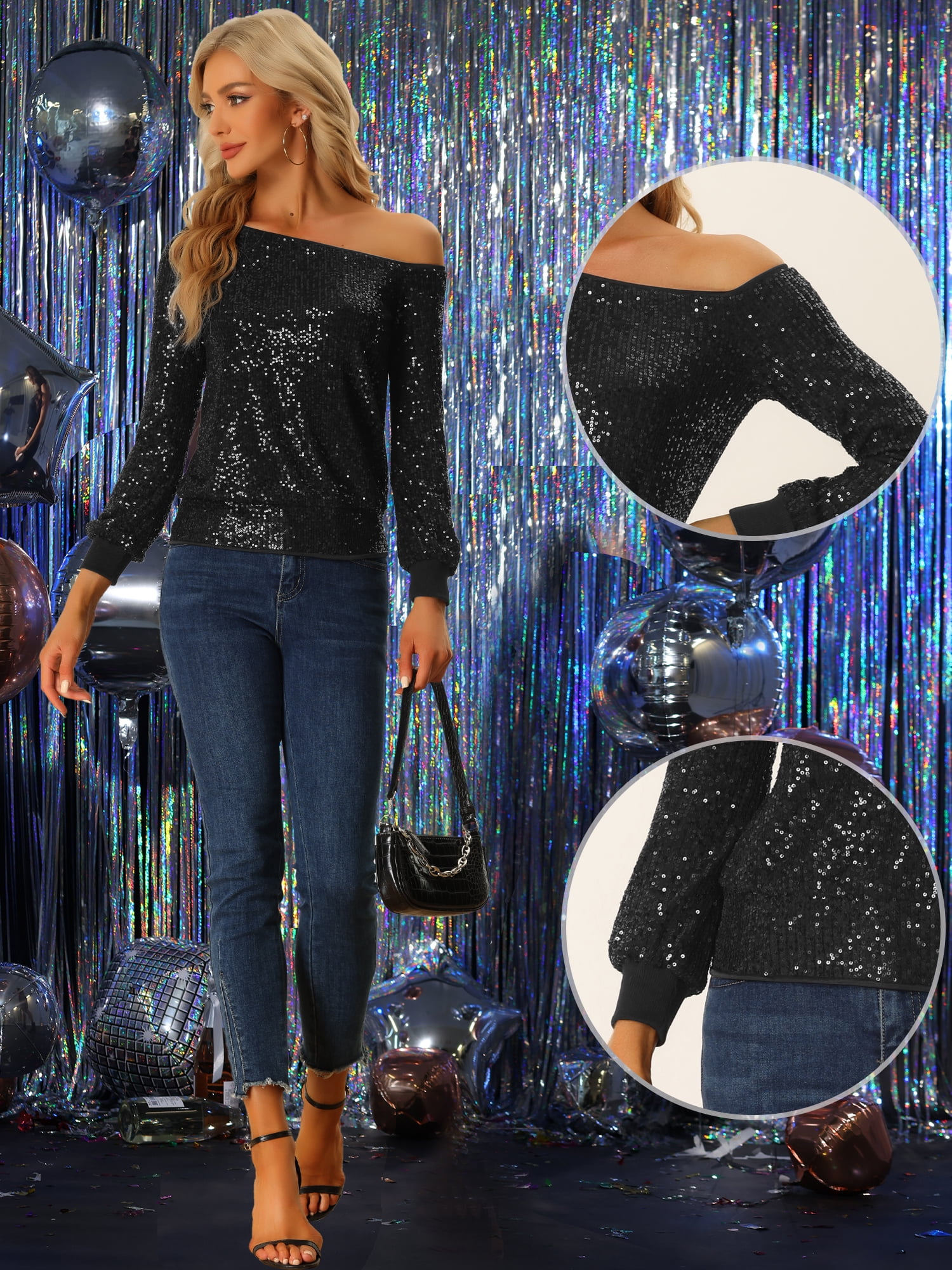 DARING DIVA Women's Sequin Top Off-Shoulder Long Sleeve Tops S Black