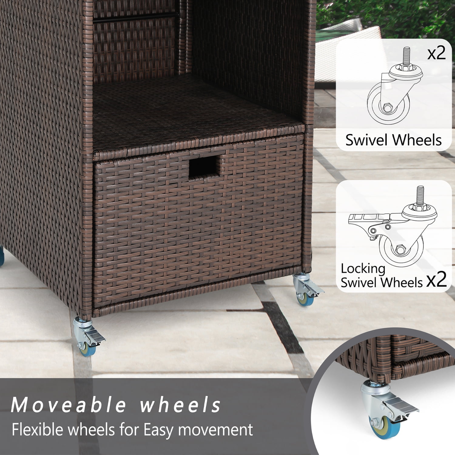 Outdoor Pool Towel Storage Cabinet Organizer Pool Towel Valet Rack with Storage Shelves & Drawer Patio Wicker Pool Towel Holder with Rolling Wheels Poolside Towel Caddy w/Cover for Hot Tub Spa Brown