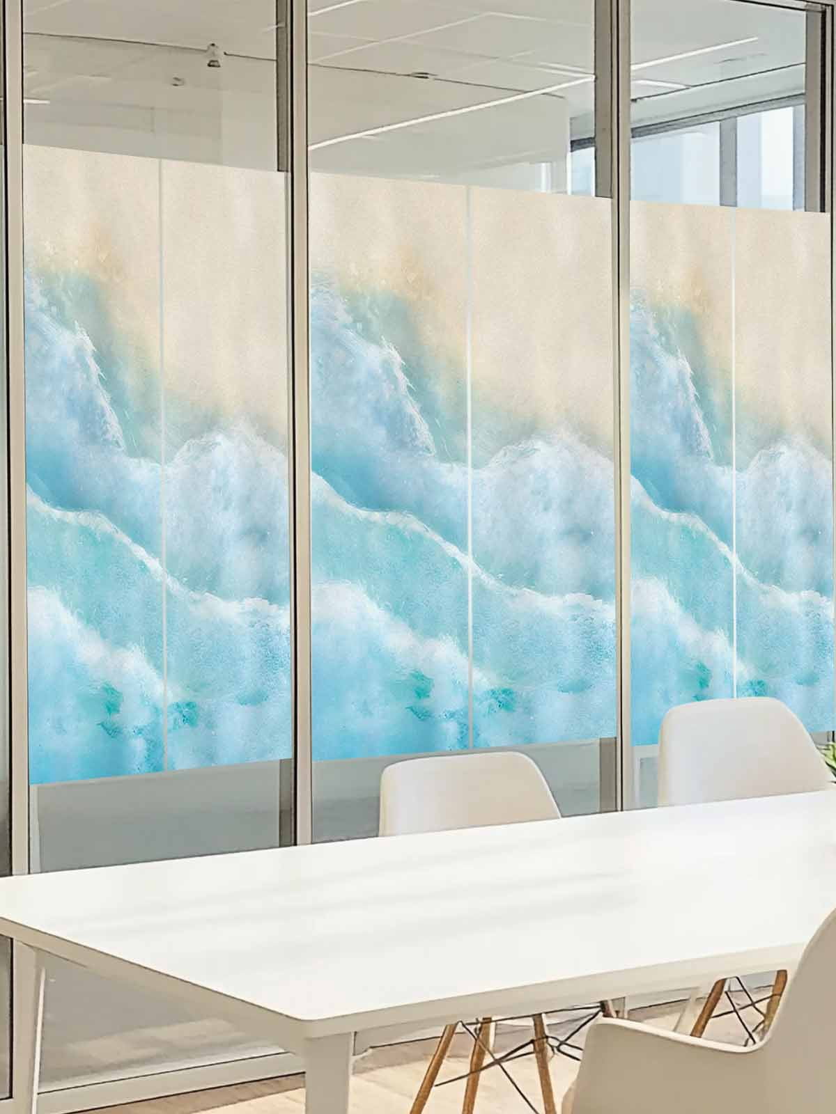 Ocean Beach Window Privacy Film, Gradient Blue Ocean Waves Beige Beach Frosted Glass Window Clings Static Cling UV Heat Blocking Reusable Door Sticker for Bathroom 29.5 x 118 Inch