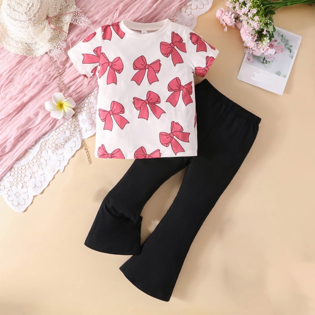 Zpanxa Summer Outfits for Girls Bow Print Pullover Top and Solid Color Long Pants Set 4 Years