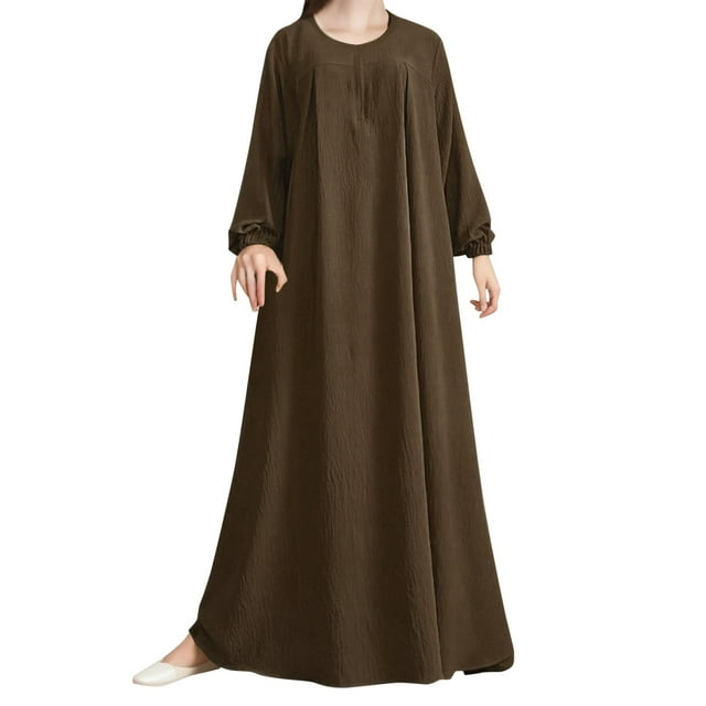 Xuewenshw Women Middle Solid Color Puff Sleeve Dress Zipper Front Round Neck Elastic Robe Women Long Dress