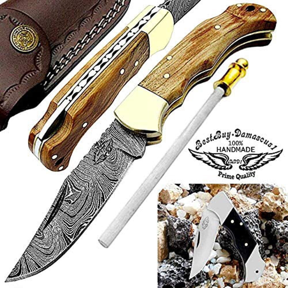 Best.Buy.Damascus1 Pocket Knife Set, Olive Wood Damascus Steel Hunting Knives, 3 in Blade Length