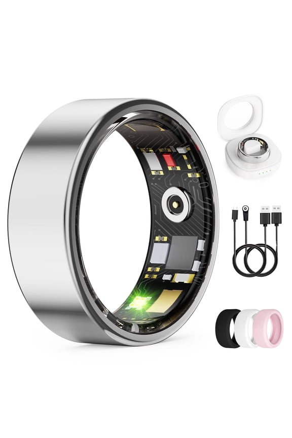 Smart Ring for Men & Women, Silver Smart Ring with App Connection, IP68 Waterproof Wearable Ring, 10+ Sports Modes, Charging Case, 5-7 Day Battery Life, Size 9