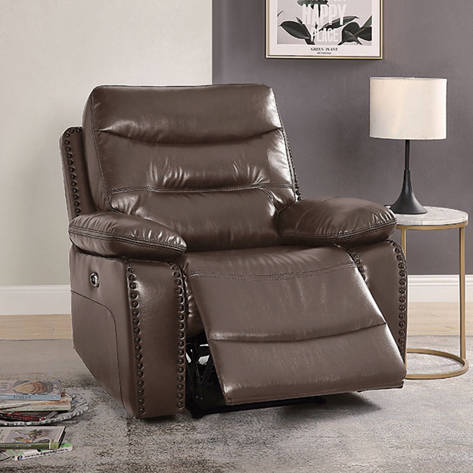 Electric Powered Recliner Chair Leather Sofa Overstuffed Back USB Charging Port 