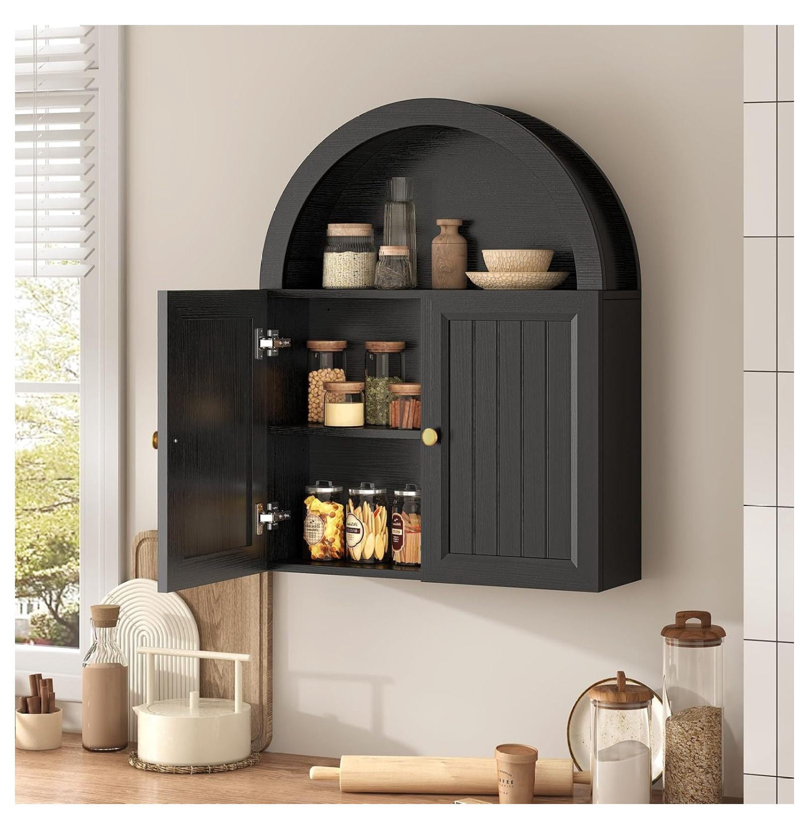 SONGMY Arched Bathroom Wall Cabinet, 23.6 x 30.3'' Over The Toilet Cabinet with Grille Door, Adjustable Shelf, Wall Mounted Cabinets for Bathroom Laundry Room Kitchen (Grille Door, 30IN)