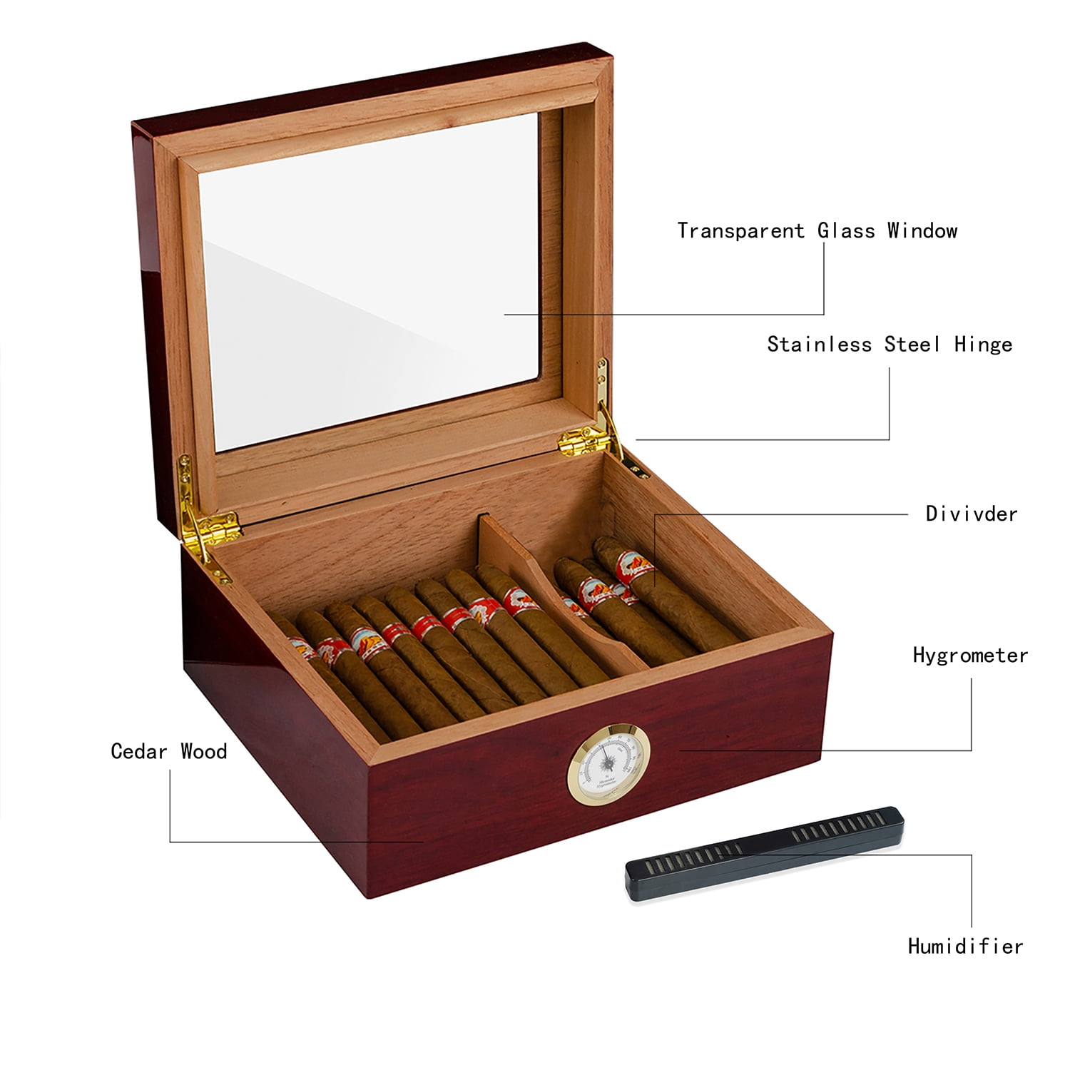 Jansfuren Cigar Humidor, Glass Top Handcrafted Cedar Humidor, Desktop Humidifier Storage Box with Hygrometer for 25-50 Cigars, Handcrafted Rosewood Finish, Gift for Men