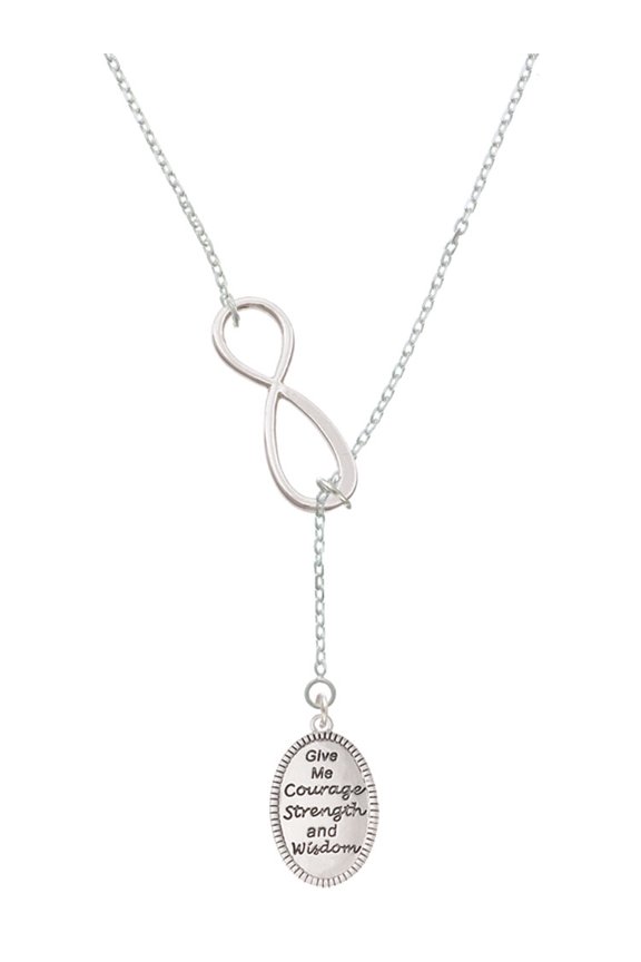 Give Me Courage Strength Wisdom Medallion Silver tone Elegant Infinity Lariat Necklace
