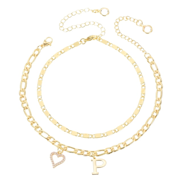Uxcell Pulseras de Tobillo Iniciales en Forma de Corazón para Mujeres, Pulseras en Capa con Letra P Baño de Oro de 14K, Cadena de Letras A-Z con Caja para Regalo de Verano, Tono Dorado