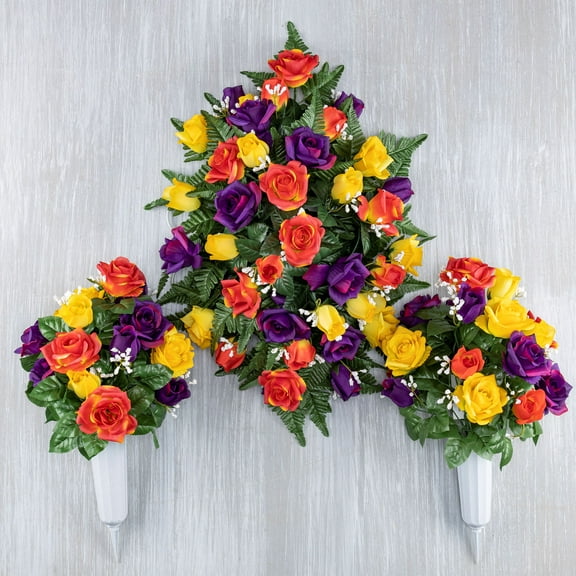 3 Piece Multicolor Mixed Roses and Rose Buds Memorial Vase Set