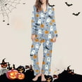 thumbnail image 2 of Feancey Halloween Pajama Sets for Women Long Sleeve Sleepwear Lounge Pants Set Cute Ghost Print Button Down Pjs Two Piece Homewear Outfits Birthdal Gifts Light Blue XL, 2 of 7