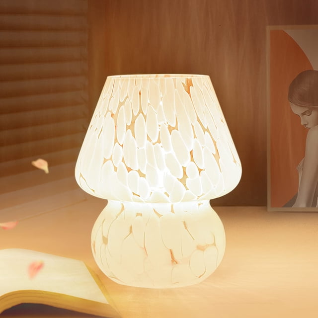 Lámpara de mesa ONEWISH estilo Murano de vidrio blanco en forma de hongo