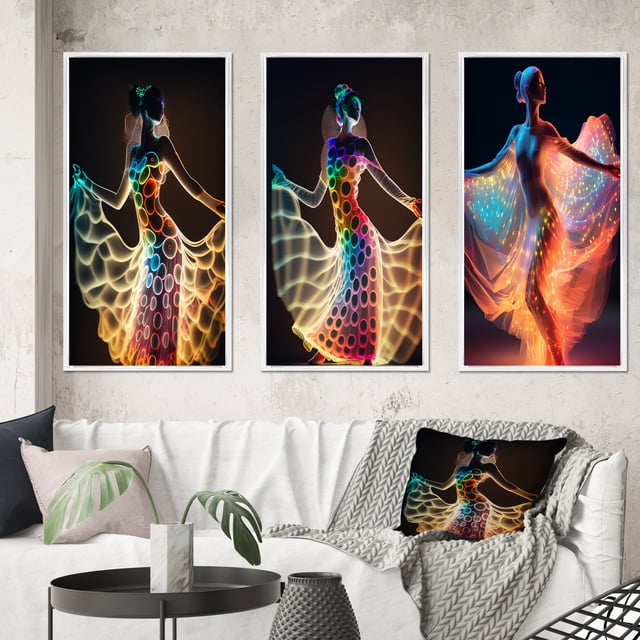 Designart "Translucent Light Dancing Figure III" Woman Fashion Photography Framed Wall Art Set Of 3 - Multicolor Glam Frame Gallery Set For Office Decor