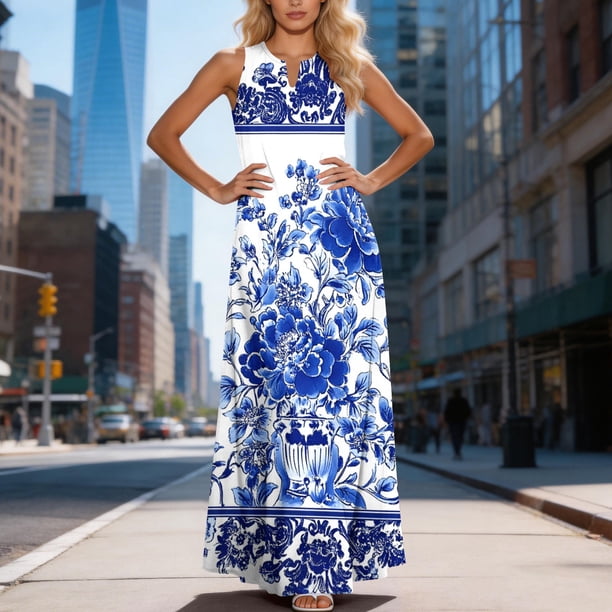 polyester and spandex dresses IFNWSV for Women Summer Casual Stylish Print Sleeveless V Neck Long Dress Multicolor 3XL formal events Wholesale Simple A-Line Skirt Dress
